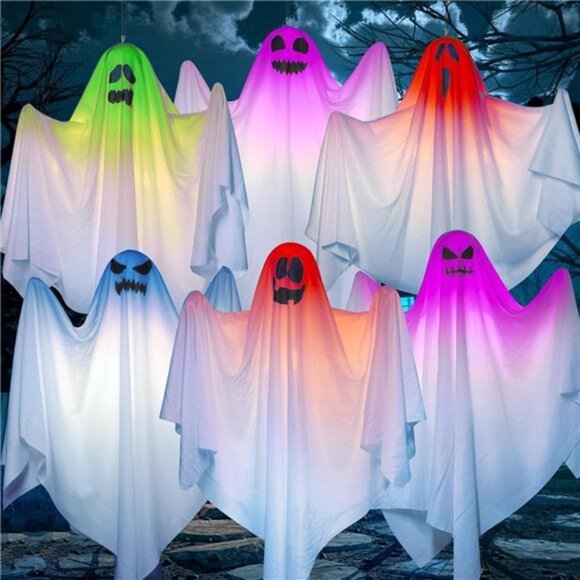 27.5 Inch Halloween Hanging Ghosts, 6 Pack LED Light Up - Picture 1 of 9